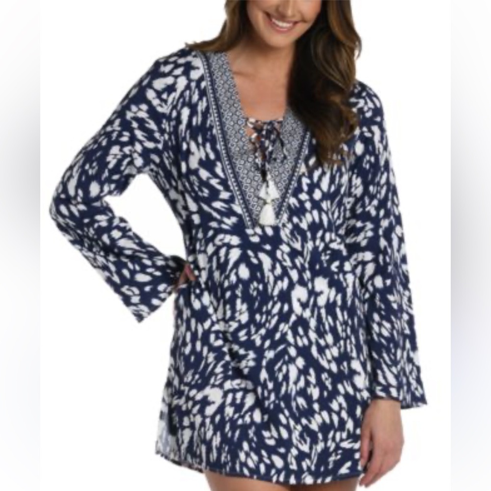 La Blanca Tides Swim Cover-up Tunic Top Small Tassels V-neck Lightweight Beach